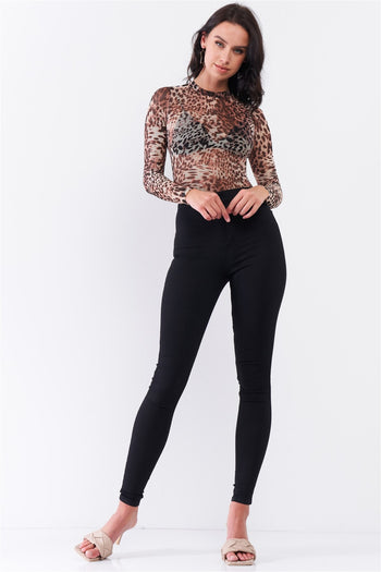 Brown Cheetah Sheer Mesh Mock Neck Long Sleeve Bodysuit - Deals Kiosk