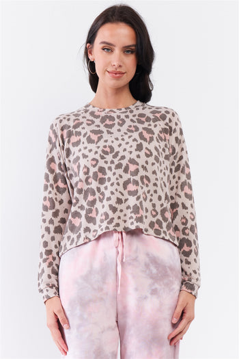Taupe & Pink Leopard Print Crew Neck Relaxed Long Sleeve Top - Deals Kiosk