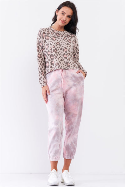 Taupe & Pink Leopard Print Crew Neck Relaxed Long Sleeve Top - Deals Kiosk