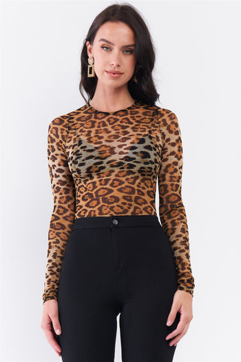 Brown Leopard Print Sheer Mesh Crew Neck Long Sleeve Bodysuit - Deals Kiosk