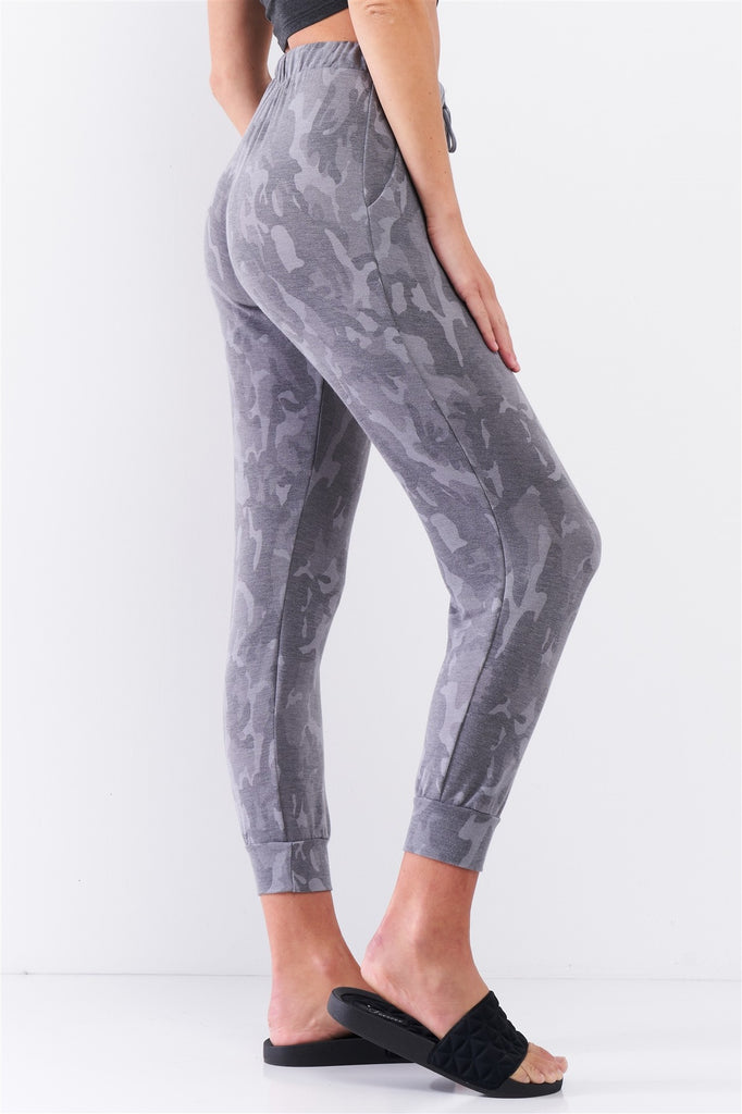 Grey Camo Print Loose Fit High-waisted Elasticated Self-tie Drawstring Waistline Track Pants - Deals Kiosk
