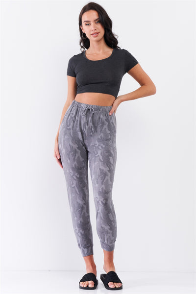 Grey Camo Print Loose Fit High-waisted Elasticated Self-tie Drawstring Waistline Track Pants - Deals Kiosk