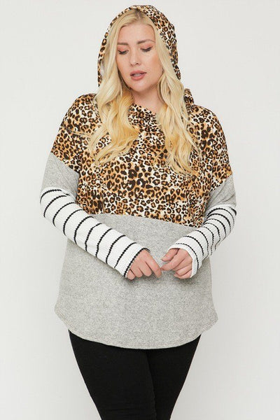 Plus Size Color Block Hoodie Featuring A Cheetah Print - Deals Kiosk