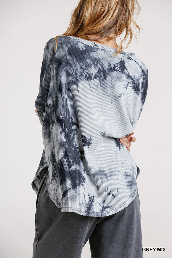 Tie Dye Round Neck Ribbed Button Front Top With Round Hem - Deals Kiosk