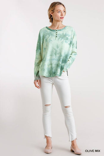 Tie Dye Round Neck Ribbed Button Front Top With Round Hem - Deals Kiosk