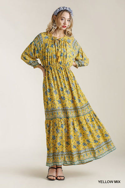 Paisley Print Smocked Ruffle Cuff Sleeve Elastic Waist Maxi Dress With Front String Tie - Deals Kiosk