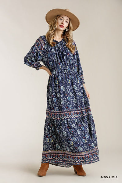 Paisley Print Smocked Ruffle Cuff Sleeve Elastic Waist Maxi Dress With Front String Tie - Deals Kiosk