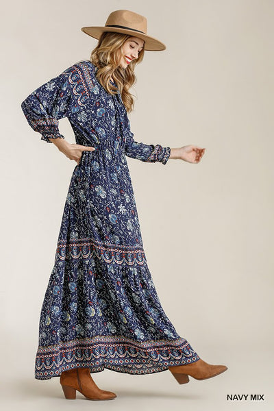 Paisley Print Smocked Ruffle Cuff Sleeve Elastic Waist Maxi Dress With Front String Tie - Deals Kiosk