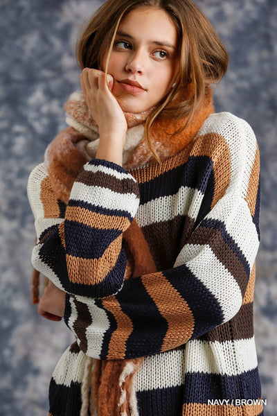 Multicolored Stripe Round Neck Long Sleeve Knit Sweater - Deals Kiosk