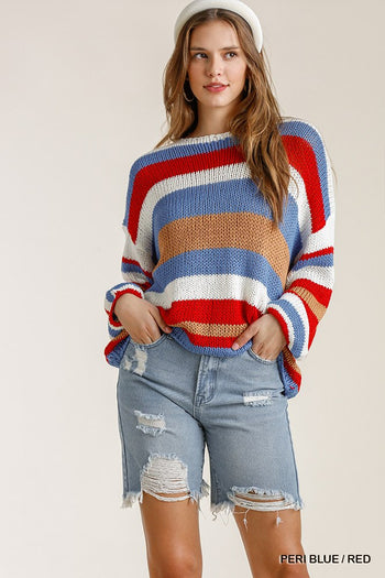 Multicolored Stripe Round Neck Long Sleeve Knit Sweater - Deals Kiosk