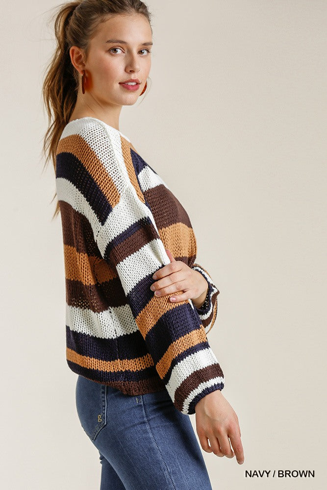 Multicolored Stripe Round Neck Long Sleeve Knit Sweater - Deals Kiosk