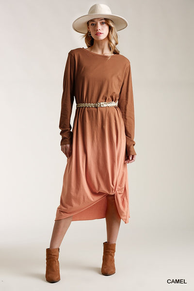 Ombre Front Knot Detail Long Sleeve Maxi Dress With Raw Hem - Deals Kiosk