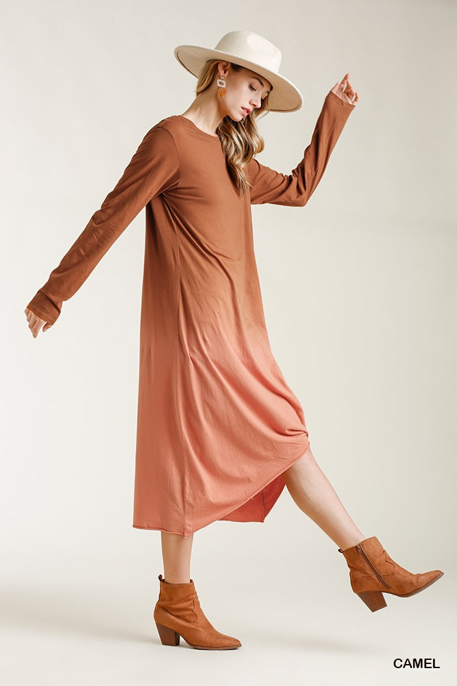 Ombre Front Knot Detail Long Sleeve Maxi Dress With Raw Hem - Deals Kiosk