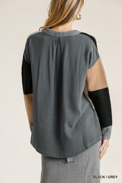 Colorblock Contrasted Cotton Fabric On Back Top With Side Slits And High Low Hem - Deals Kiosk
