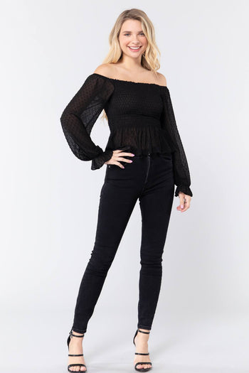 Off Shoulder Clip Dot Woven Top - Deals Kiosk
