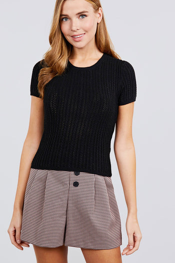 Short Slv Crew Neck Pointelle Sweater Top - Deals Kiosk