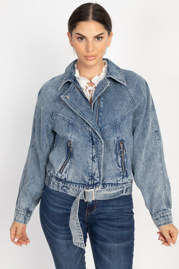 Ribbed Hem Belted Denim Jacket - Deals Kiosk