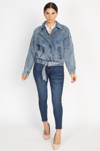 Ribbed Hem Belted Denim Jacket - Deals Kiosk