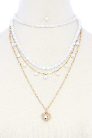 Puffy Heart Charm Pearl Bead Layered Necklace - Deals Kiosk
