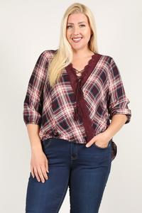 Plaid 3/4 Sleeve Top With Hi-lo Hem, V-neckline, And Relaxed Fit - Deals Kiosk