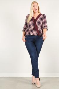 Plaid 3/4 Sleeve Top With Hi-lo Hem, V-neckline, And Relaxed Fit - Deals Kiosk