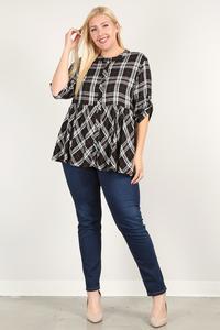 Plus Size Roll Sleeve Baby Doll Plaid Tunic Top - Deals Kiosk