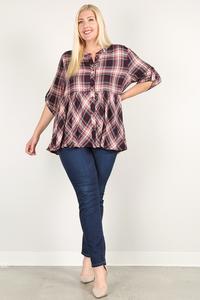 Plus Size Roll Sleeve Baby Doll Plaid Tunic Top - Deals Kiosk