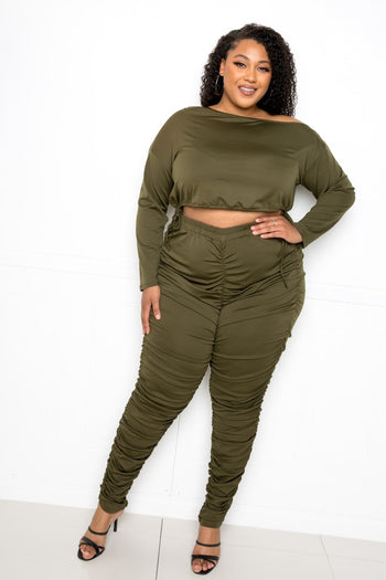 Off Shoulder Cropped Top And Ruched Leggings Sets - Deals Kiosk