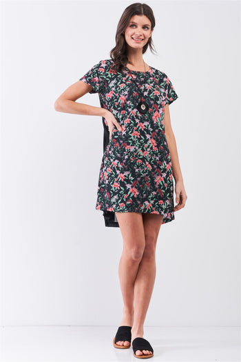 Black Multicolor Floral Print Pleated Back Detail Relaxed Mini Dress - Deals Kiosk