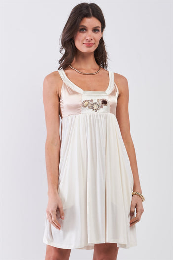 Dear Juliet White & Champagne Gold Sleeveless Embroidered Satin Detail Mini Dress - Deals Kiosk