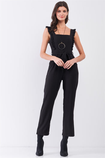 Black Sleeveless Ruffle Hem Self-tie Belt Detail Straight Leg Jumpsuit - Deals Kiosk