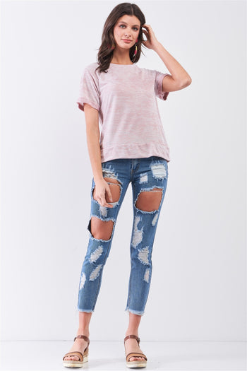 Short Folded Sleeve Round Neck Relaxed Fit T-shirt Top - Deals Kiosk