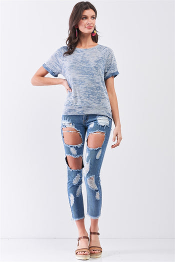 Short Folded Sleeve Round Neck Relaxed Fit T-shirt Top - Deals Kiosk