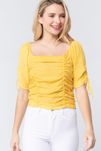 Elbow Slv Smocked Ruched Woven Top - Deals Kiosk