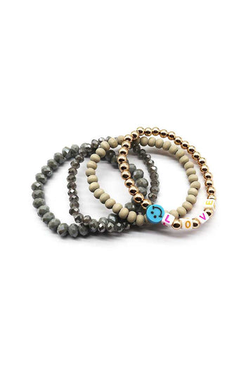 Wood Metal Glass Bead Smile Love Stretch 4 Pc Bracelet - Deals Kiosk