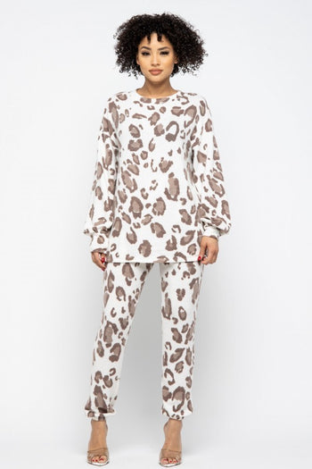 Brushed Animal Long Sleeve Loose Top W Sweatpants Set - Deals Kiosk