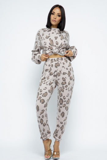 Brushed Animal Long Sleeve Loose Top W Sweatpants Set - Deals Kiosk