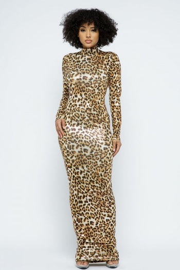 Animal Foil Mock Neck Body Con Maxi Dress - Deals Kiosk
