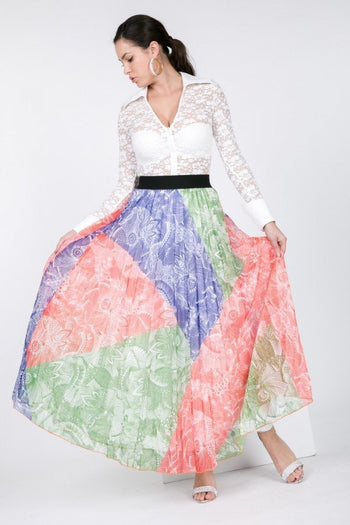 Color Block Pleated Maxi Skirt - Deals Kiosk