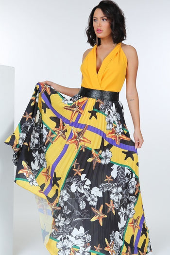 Pleated Print Maxi Skirt With Leather Waist Band - Deals Kiosk
