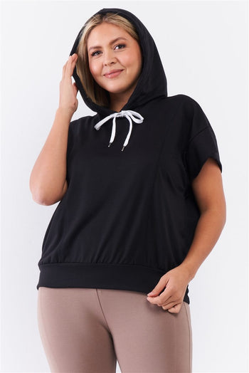 Black Short Wing Sleeve Relaxed Fit White Draw String Tie Hood Detail Top - Deals Kiosk