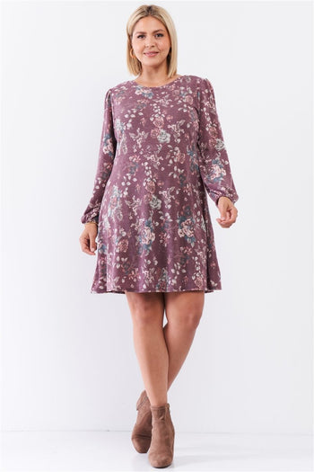 Plus Washed Burgundy Floral Print Long Puff Sleeve Relaxed Mini Dress - Deals Kiosk
