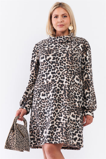 Plus Size Leopard Print Ribbed Cowl Neck Balloon Sleeve Mini Dress - Deals Kiosk