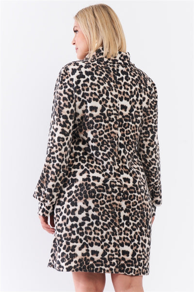 Plus Size Leopard Print Ribbed Cowl Neck Balloon Sleeve Mini Dress - Deals Kiosk