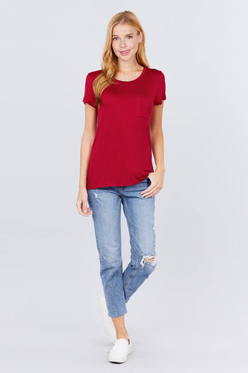 Short Sleeve Scoop Neck Top With Pocket - Deals Kiosk