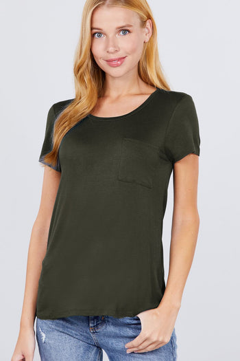 Short Sleeve Scoop Neck Top With Pocket - Deals Kiosk