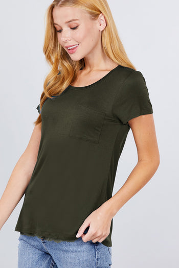 Short Sleeve Scoop Neck Top With Pocket - Deals Kiosk