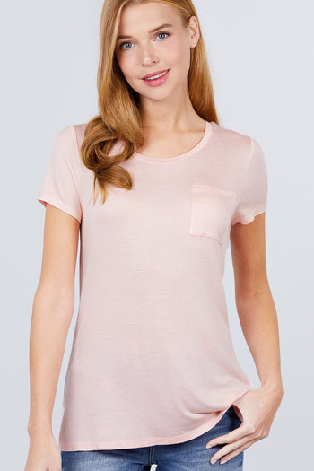 Short Sleeve Scoop Neck Top With Pocket - Deals Kiosk