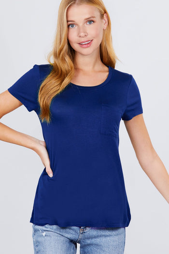 Short Sleeve Scoop Neck Top With Pocket - Deals Kiosk
