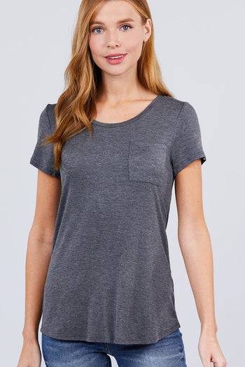 Short Sleeve Scoop Neck Top With Pocket - Deals Kiosk